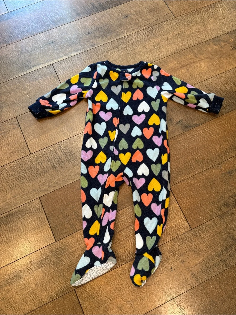 Carter's Navy Fleece Footed One-Piece with Multicolor Hearts